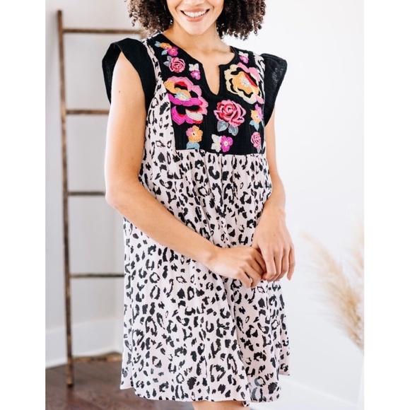 Angel Heart | Leopard Lamour Floral Embroidered Pattern Cap Sleeves Lined Dress - Picture 1 of 15